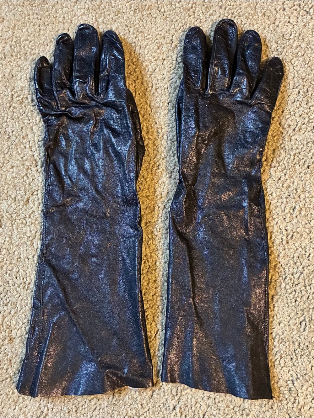 Vintage Womens Long Black Leather Driving Gloves Size 7.5 & 13” Cosplay Costume